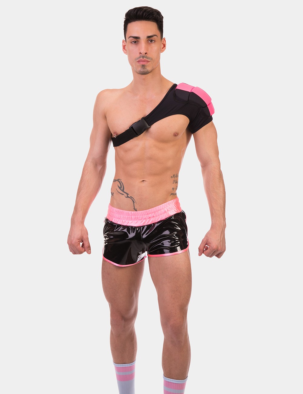 Disco Single Shoulder Pad  von Barcode Berlin Model " Pad "Neonpink im Gaywear Fetisch Style 
